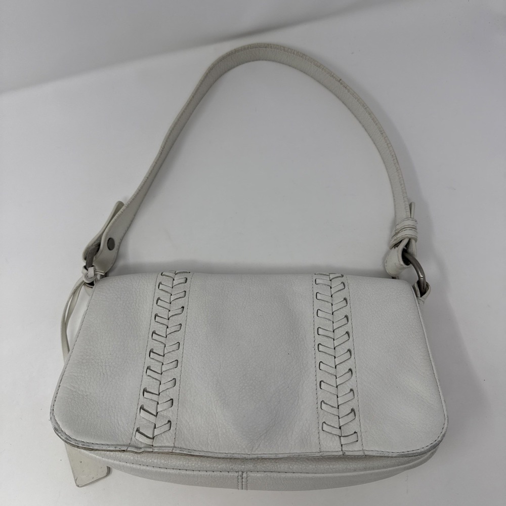 Vtg/Y2K Lauren Ralph Lauren Off White Pebbled Leather Woven Shoulder Baguette